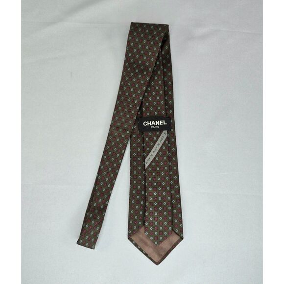 Vintage Signed Green Pattern Soie Silk Chanel Necktie Circle Square Pattern - Picture 8 of 8